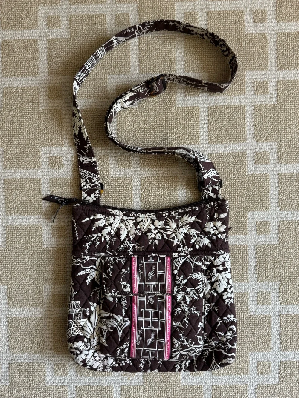 Vera Bradley Quilted Crossbody Bag Adjustable Shoulder Purse Brown Floral Print